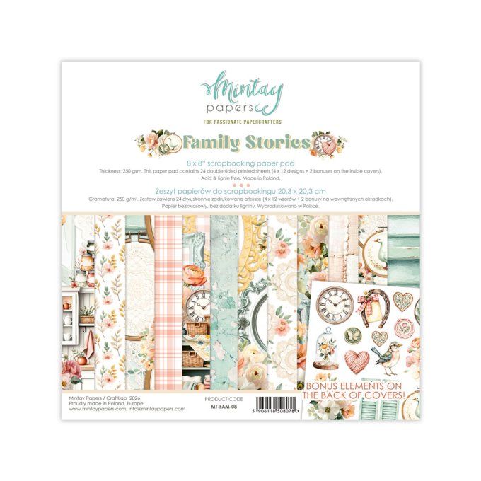 Ensemble de 24 feuilles, format : 20x20cm, Collection Family Stories, motif recto verso, 250g