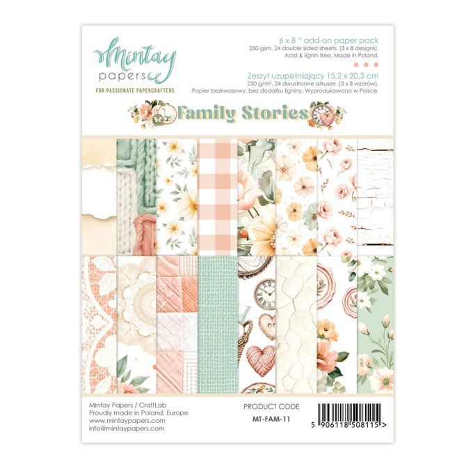 Ensemble de 24 feuilles, format : 15x20cm, Collection Family stories, motif recto verso, 250g