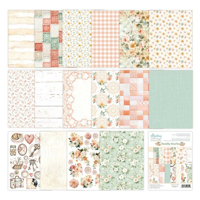 Ensemble de 24 feuilles, format : 15x20cm, Collection Family stories, motif recto verso, 250g