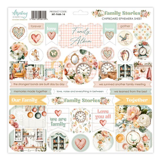 1 planche de chipboards cartonnés, format : 30x30cm, Collection Family stories