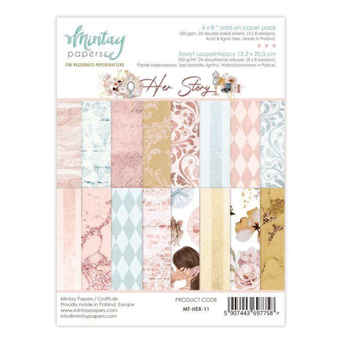 Ensemble de 24 feuilles, format : 15x20cm, Collection Her Story, motif recto verso - 250g