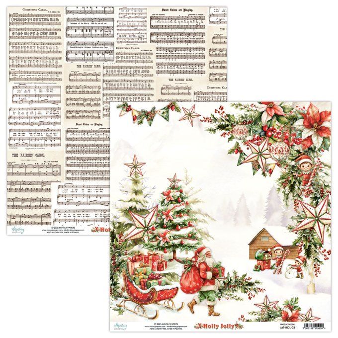 Ensemble de 12 feuilles, format 30.5x30.5cm, Collection Holly Jolly, motif recto verso, 250g