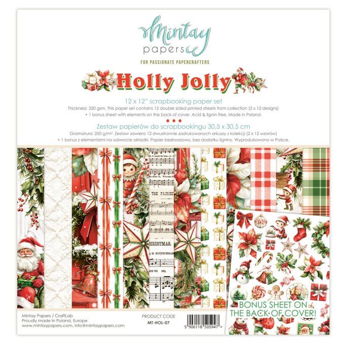 Ensemble de 12 feuilles, format 30.5x30.5cm, Collection Holly Jolly, motif recto verso, 250g