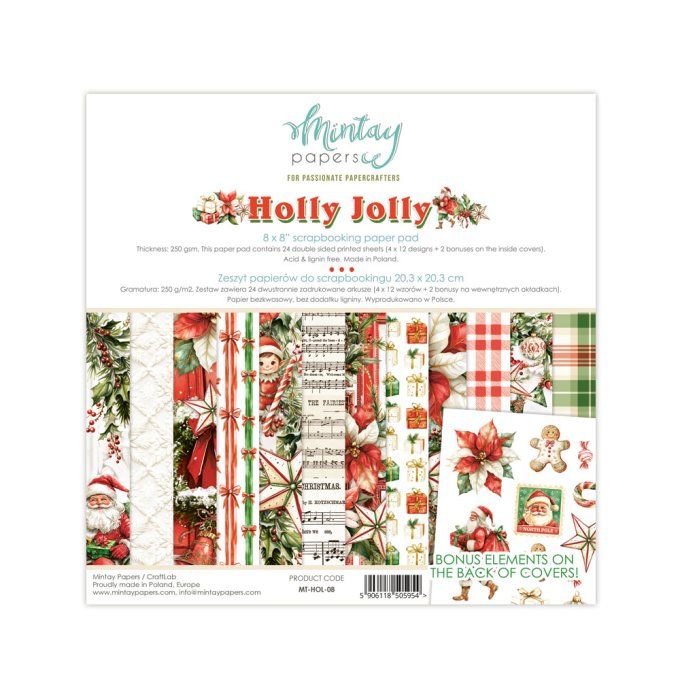 Ensemble de 24 feuilles, format : 20x20cm, Collection Holly Jolly, motif recto verso, 250g