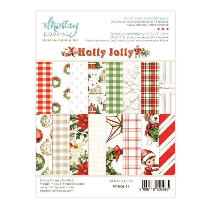 Ensemble de 24 feuilles, format : 15x20cm, Collection Holly Jolly, motif recto verso, 250g
