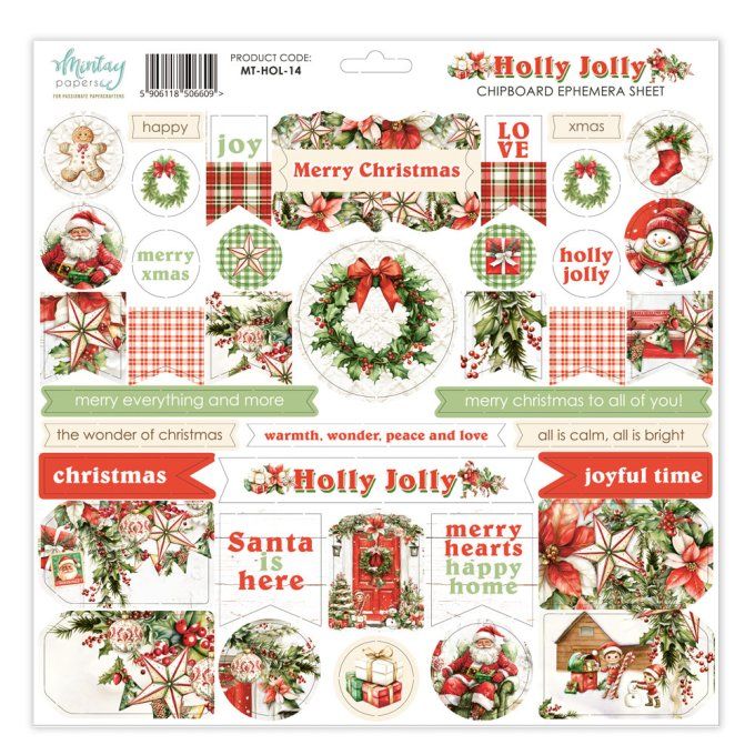 1 planche de chipboards cartonnés, format : 30x30cm, Collection Holly Jolly