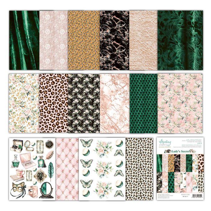 Ensemble de 24 feuilles, format : 15x20cm, Collection Lady's secret, motif recto verso, 250g 