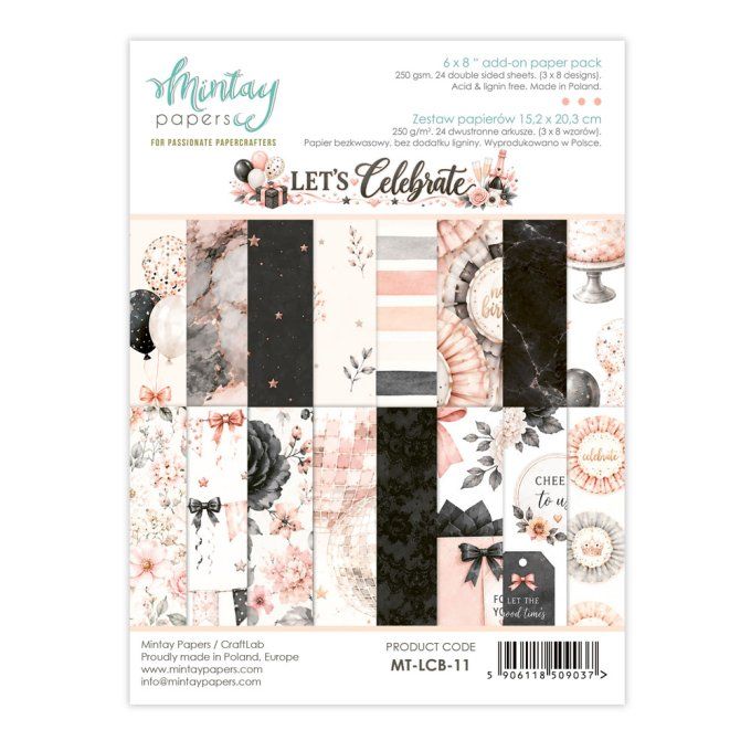 Ensemble de 24 feuilles, format : 15x20cm, Collection Let's celebrate, motif recto verso, 250g