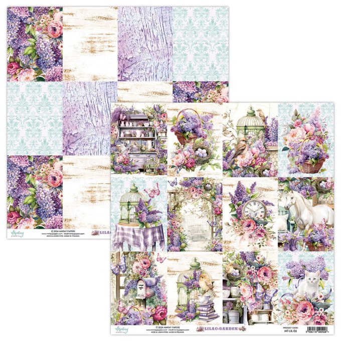 Ensemble de 24 feuilles, format : 15x15cm, Collection Lilac Garden, motif recto verso, 250g 