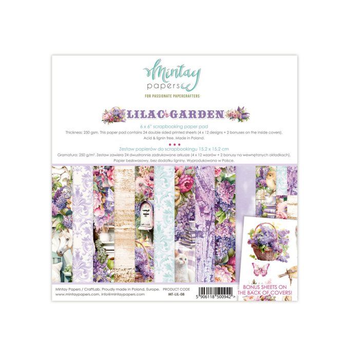 Ensemble de 24 feuilles, format : 15x15cm, Collection Lilac Garden, motif recto verso, 250g 