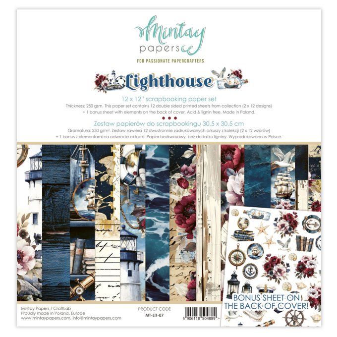 Ensemble de 12 feuilles, format 30.5x30.5cm, Collection Lighthouse, motif recto verso, 250g