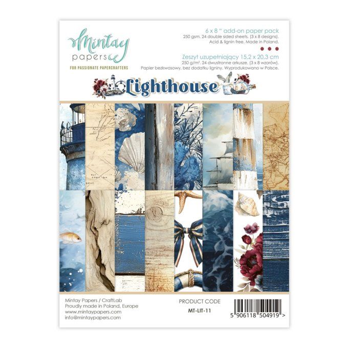 Ensemble de 24 feuilles, format : 15x20cm, Collection Lighthouse, motif recto verso, 250g