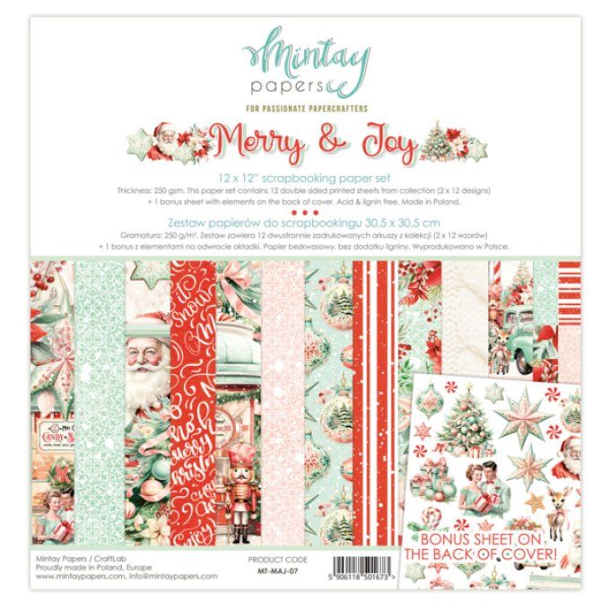 Ensemble de 12 feuilles, format 30.5x30.5cm, Collection Merry & Joy, motif recto verso, 250g