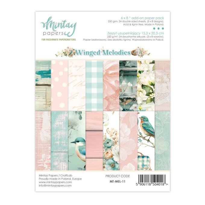 Ensemble de 24 feuilles, format : 15x20cm, Collection Winged melodies, motif recto verso, 250g