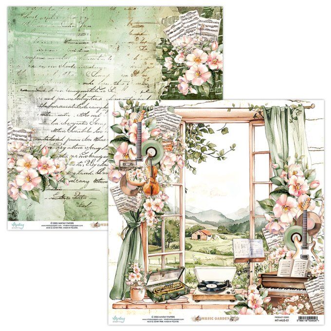Ensemble de 12 feuilles, format 30.5x30.5cm, Collection Music garden, motif recto verso, 250g