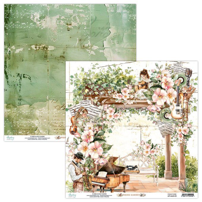 Ensemble de 12 feuilles, format 30.5x30.5cm, Collection Music garden, motif recto verso, 250g