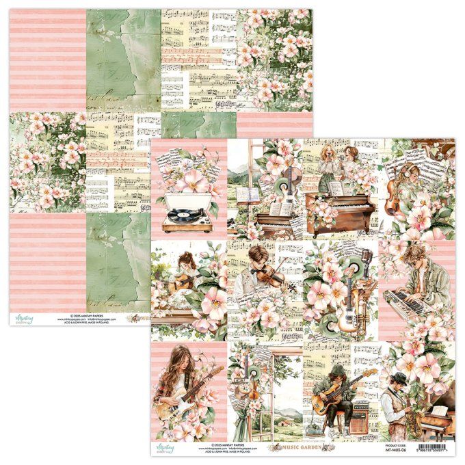 Ensemble de 12 feuilles, format 30.5x30.5cm, Collection Music garden, motif recto verso, 250g