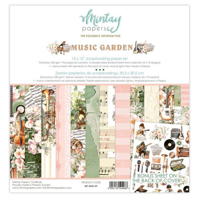 Ensemble de 12 feuilles, format 30.5x30.5cm, Collection Music garden, motif recto verso, 250g