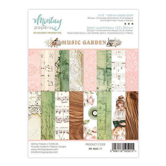 Ensemble de 24 feuilles, format : 15x20cm, Collection Music garden, motif recto verso, 250g