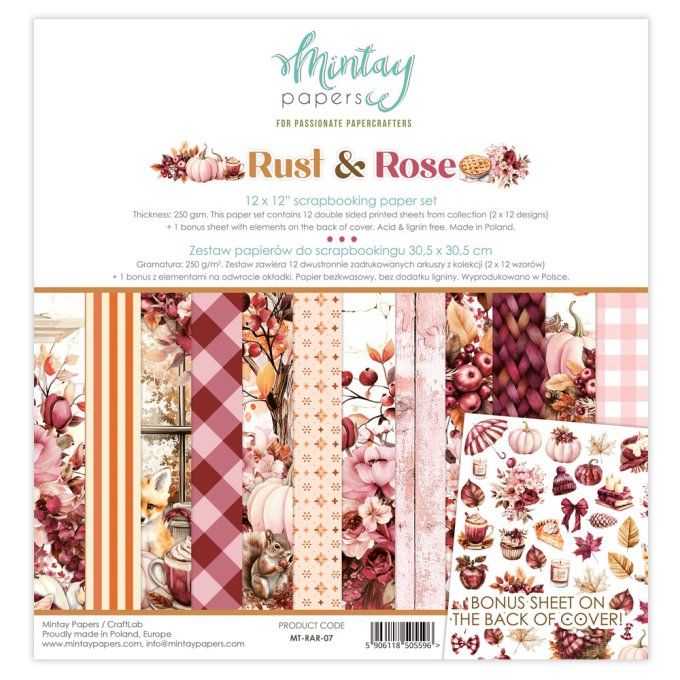 Ensemble de 12 feuilles, format 30.5x30.5cm, Collection Rust & Rose, motif recto verso, 250g