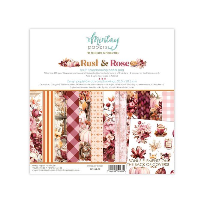 Ensemble de 24 feuilles, format : 20x20cm, Collection Rust & Rose, motif recto verso, 250g