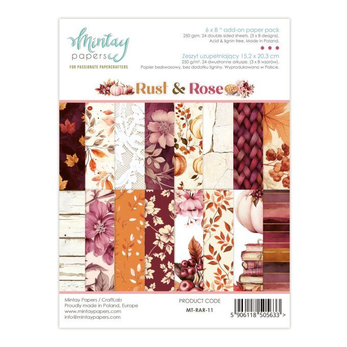 Ensemble de 24 feuilles, format : 15x20cm, Collection Rust & Rose, motif recto verso, 250g