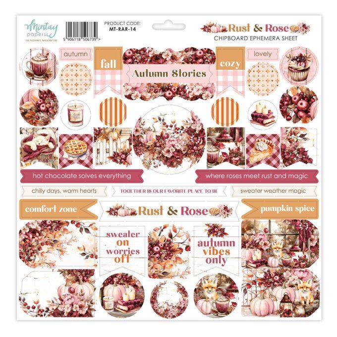 1 planche de chipboards cartonnés, format : 30x30cm, Collection Rust & Rose