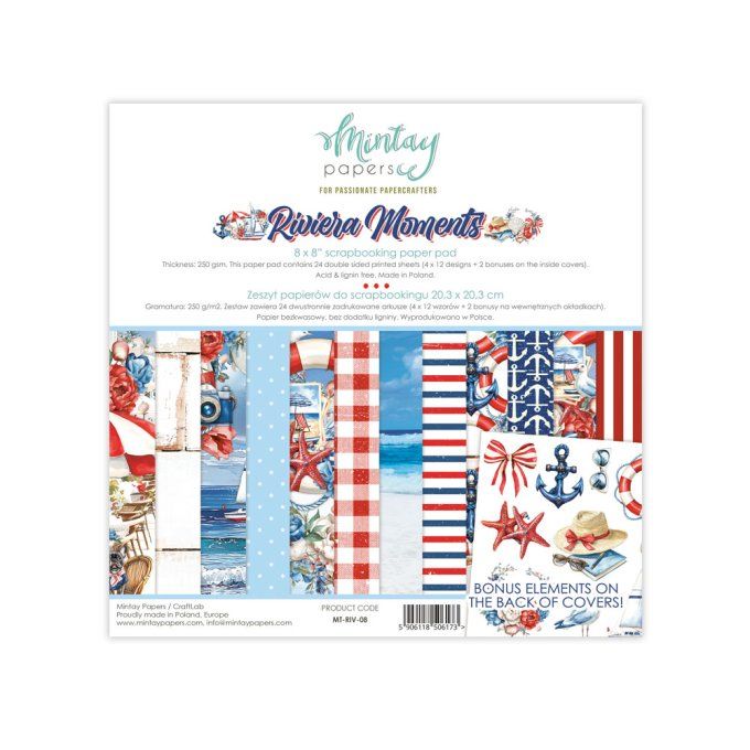 Ensemble de 24 feuilles, format : 20x20cm, Collection Riviera moments, motif recto verso, 250g