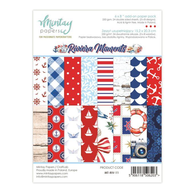 Ensemble de 24 feuilles, format : 15x20cm, Collection Riviera moments, motif recto verso, 250g
