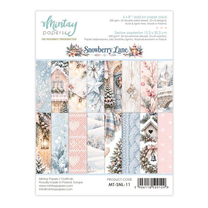 Ensemble de 24 feuilles, format : 15x20cm, Collection Snowberry lane, motif recto verso, 250g