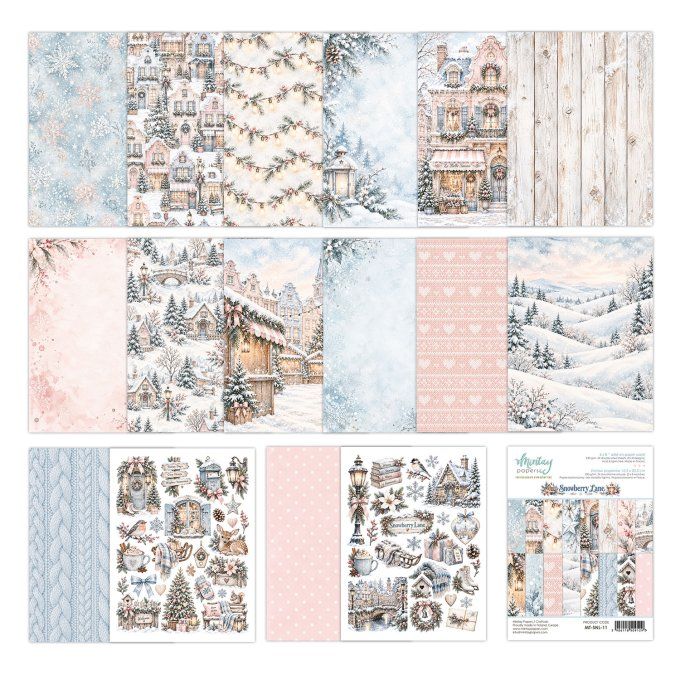 Ensemble de 24 feuilles, format : 15x20cm, Collection Snowberry lane, motif recto verso, 250g