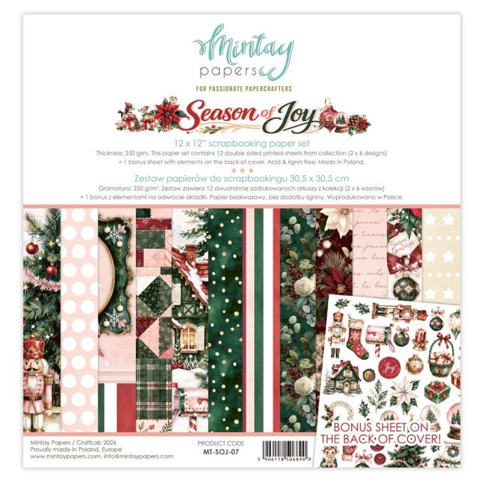 Ensemble de 12 feuilles, format 30.5x30.5cm, Collection Season of joy, motif recto verso, 250g