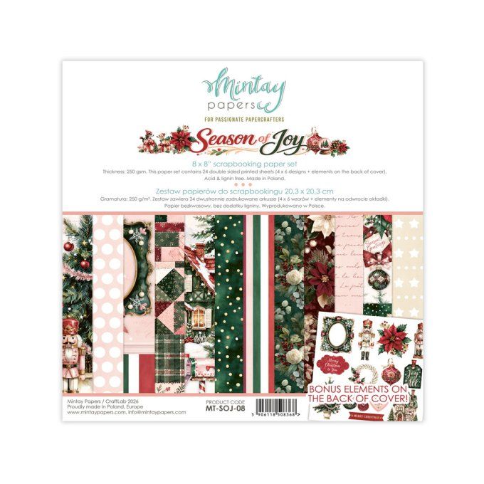 Ensemble de 24 feuilles, format : 20x20cm, Collection Season of joy, motif recto verso, 250g