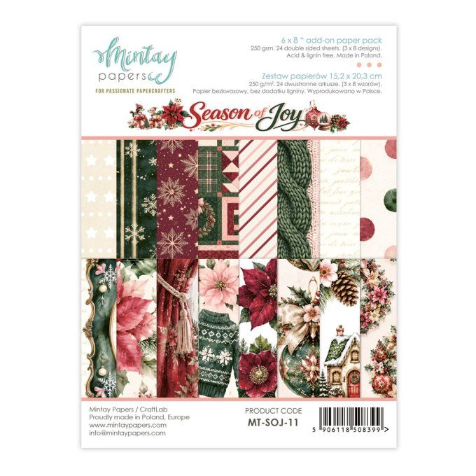 Ensemble de 24 feuilles, format : 15x20cm, Collection Season of joy, motif recto verso, 250g