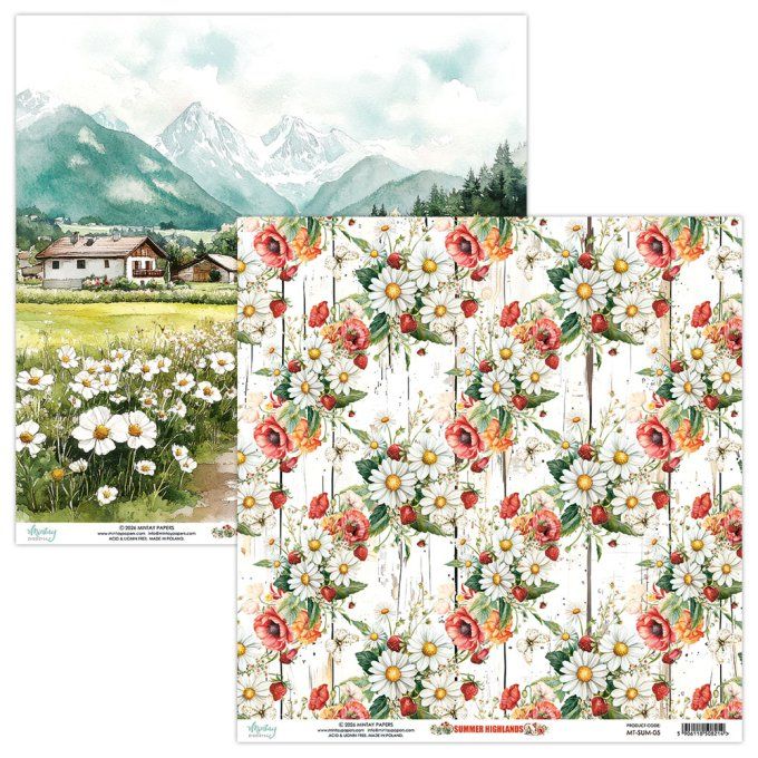 Ensemble de 12 feuilles, format 30.5x30.5cm, Collection Summer Highlands, motif recto verso, 250g