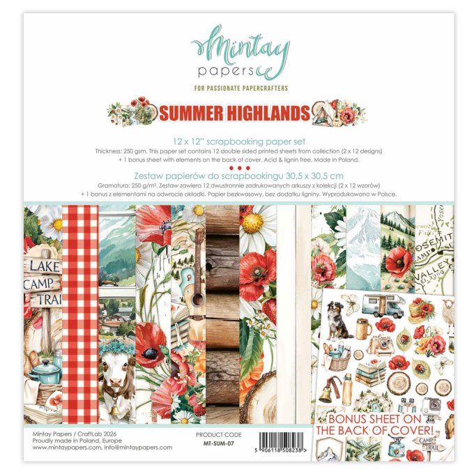Ensemble de 12 feuilles, format 30.5x30.5cm, Collection Summer Highlands, motif recto verso, 250g