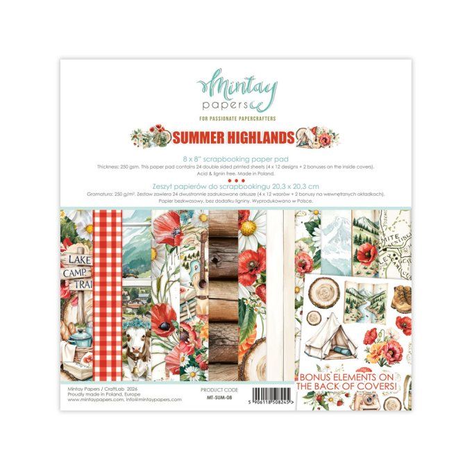 Ensemble de 24 feuilles, format : 20x20cm, Collection Summer highlands, motif recto verso, 250g