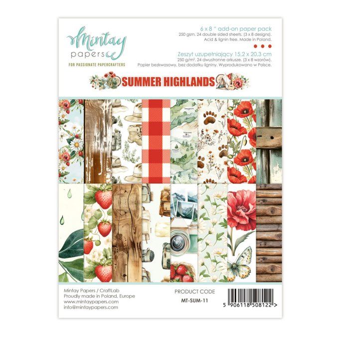 Ensemble de 24 feuilles, format : 15x20cm, Collection Summer Highlands, motif recto verso, 250g