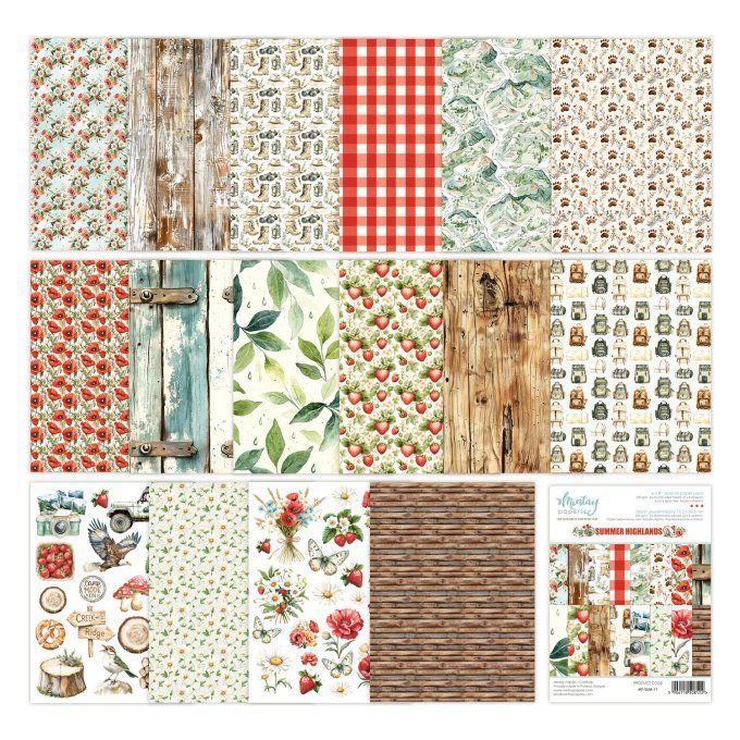 Ensemble de 24 feuilles, format : 15x20cm, Collection Summer Highlands, motif recto verso, 250g