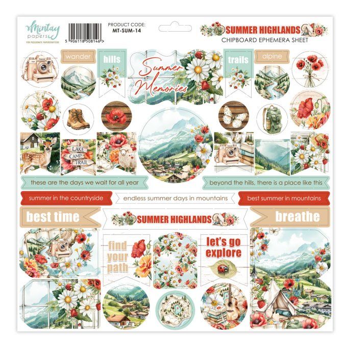 1 planche de chipboards cartonnés, format : 30x30cm, Collection Summer Highlands