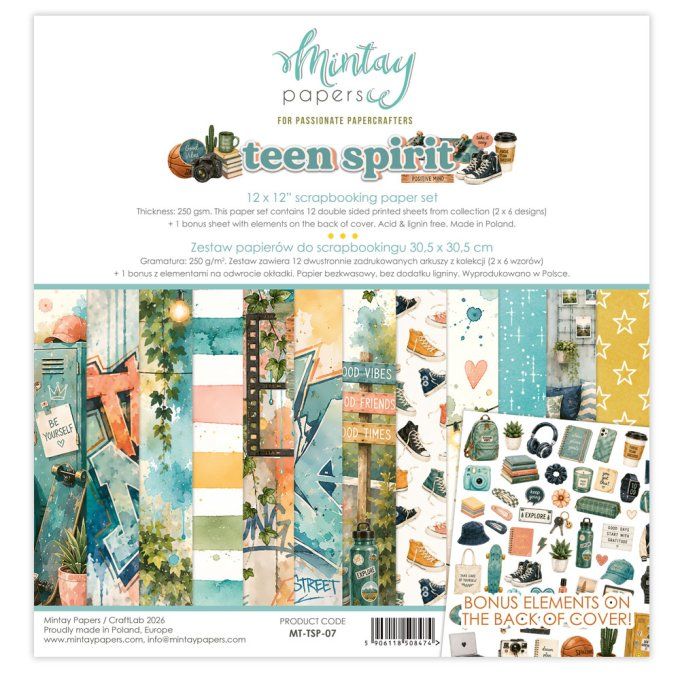 Ensemble de 12 feuilles, format 30.5x30.5cm, Collection Teen spirit, motif recto verso, 250g
