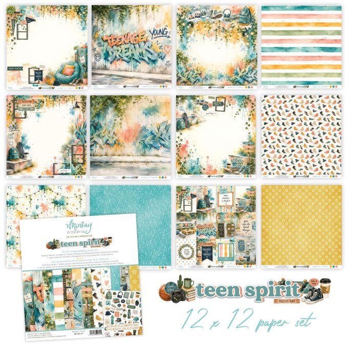 Ensemble de 12 feuilles, format 30.5x30.5cm, Collection Teen spirit, motif recto verso, 250g
