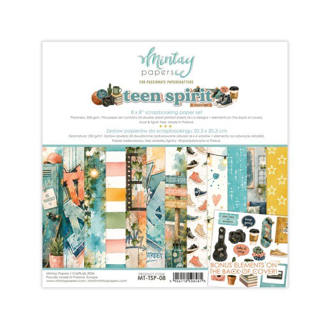 Ensemble de 24 feuilles, format : 20x20cm, Collection Teen spirit,, motif recto verso, 250g