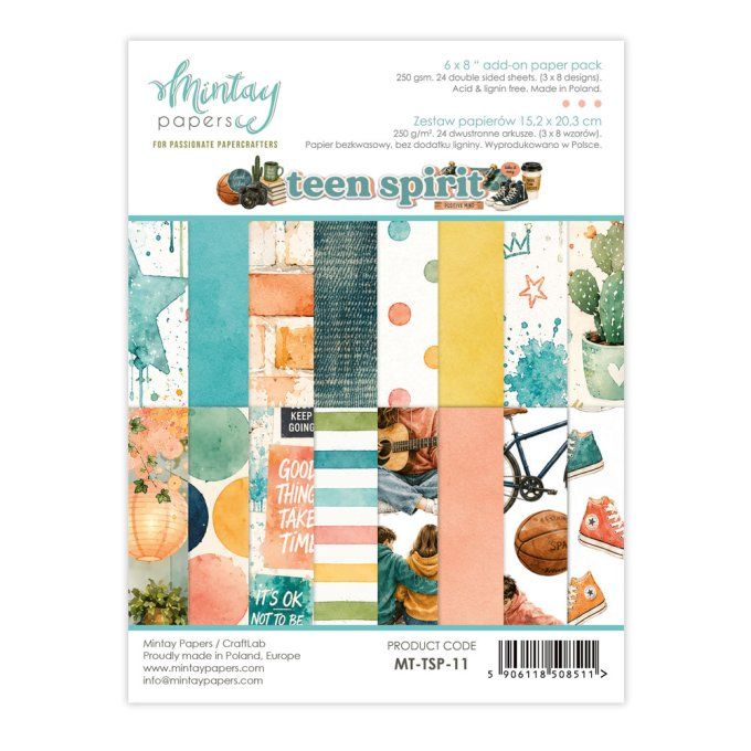 Ensemble de 24 feuilles, format : 15x20cm, Collection Teen spirit, motif recto verso, 250g 
