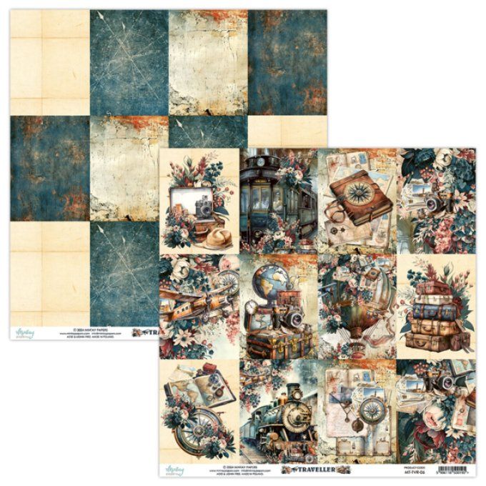 Ensemble de 12 feuilles, format : 30.5x30.5cm, Collection Traveller, motif recto verso, 250g