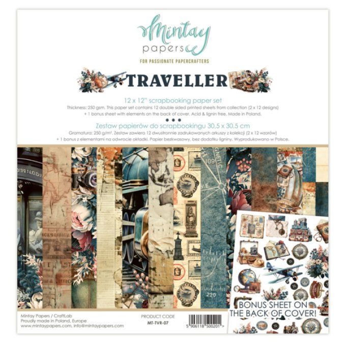 Ensemble de 12 feuilles, format : 30.5x30.5cm, Collection Traveller, motif recto verso, 250g