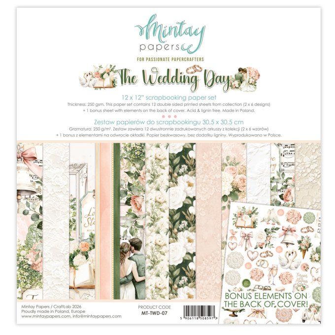 Ensemble de 12 feuilles, format 30.5x30.5cm, Collection Wedding day, motif recto verso, 250g