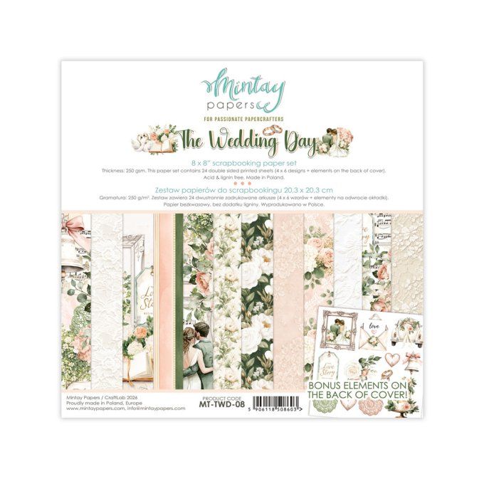 Ensemble de 24 feuilles, format : 20x20cm, Collection Wedding day, motif recto verso, 250g