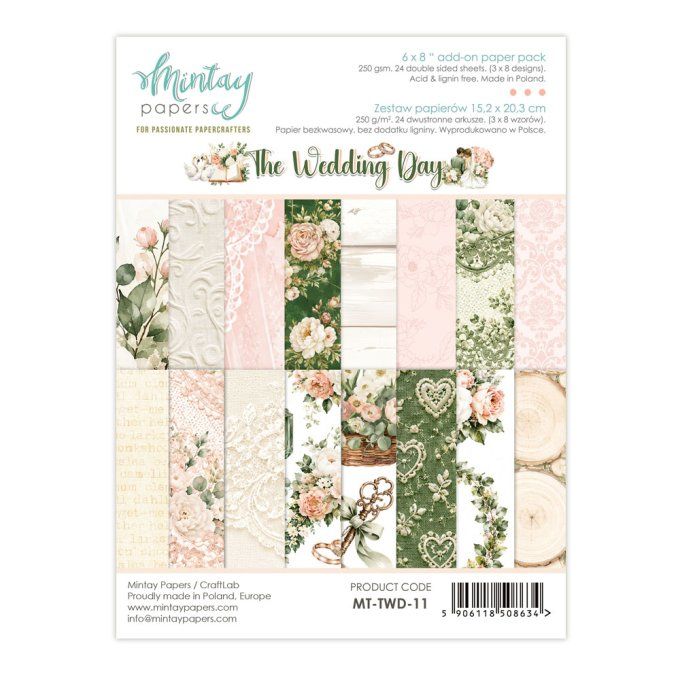 Ensemble de 24 feuilles, format : 15x20cm, Collection Wedding day, motif recto verso, 250g 