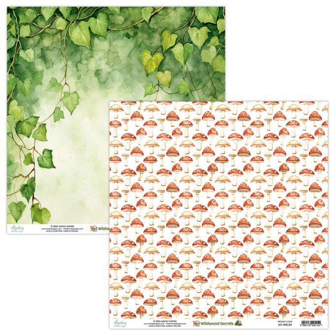 Ensemble de 12 feuilles, format 30.5x30.5cm, Collection Wildwood secrets, motif recto verso, 250g